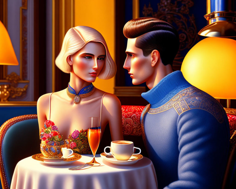 Stylized couple in elegant attire at table with drinks in lavish interior