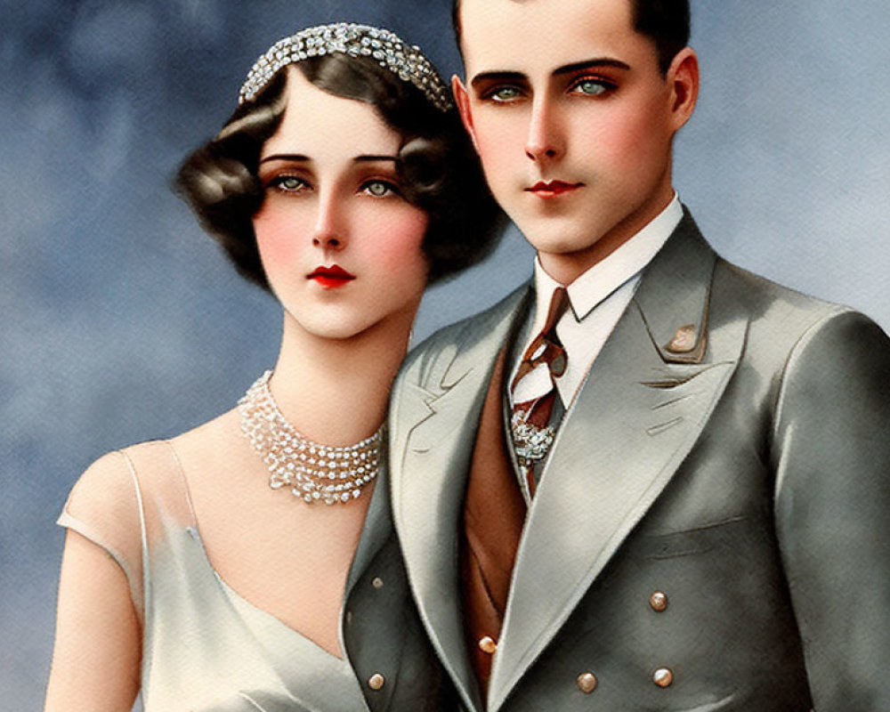 Vintage Illustration of Elegant Couple in Pearl Necklace & Double-Breasted Suit