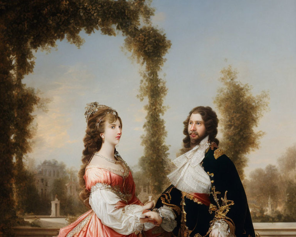 Regal 17th-Century Couple in Black, Gold, and Pink in Garden Setting