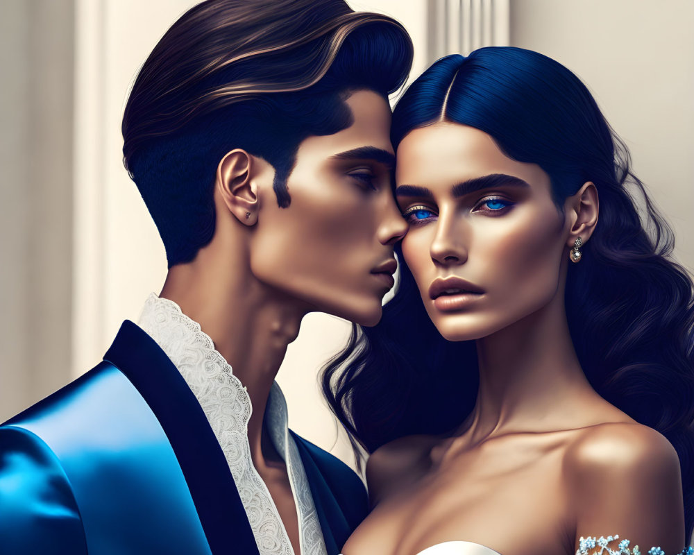 Stylish Couple in Tuxedo and Off-Shoulder Dress with Striking Blue Eyes