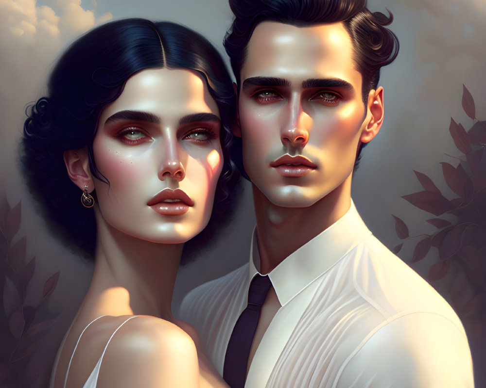 Stylized couple portrait with sharp features in white and shirt against foliage.