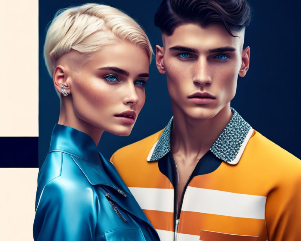 Stylized portrait of woman with short blonde hair and man with dark hair in bold, colorful jackets