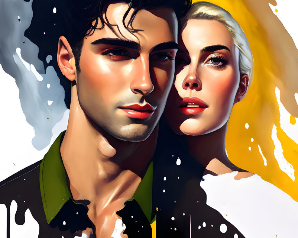 Stylized digital portrait of man and woman with sharp features on white background with yellow and black paint