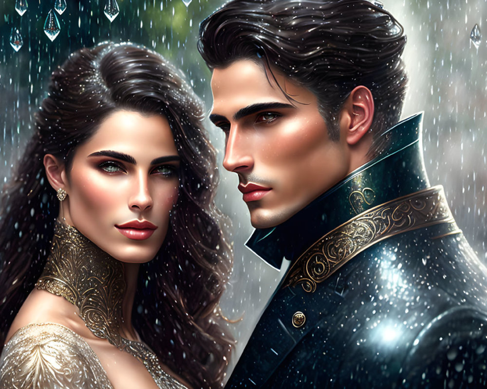 Stylized digital artwork of an elegant couple in intricate clothing, posed under gentle rainfall