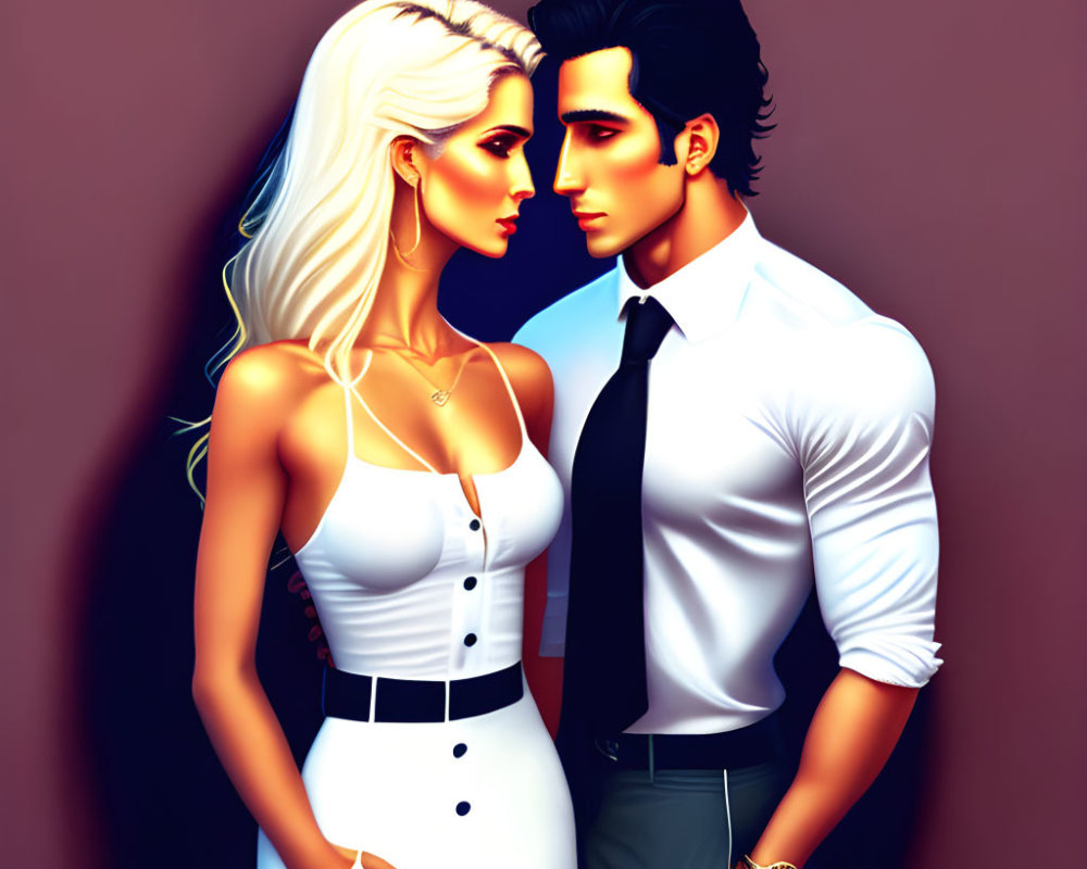 Stylized woman with blonde hair and man in dark hair and white shirt together