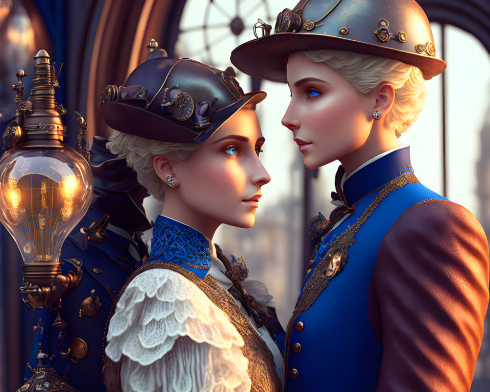 Steampunk-themed image featuring two figures in intricate helmets surrounded by vintage metallic and glass elements