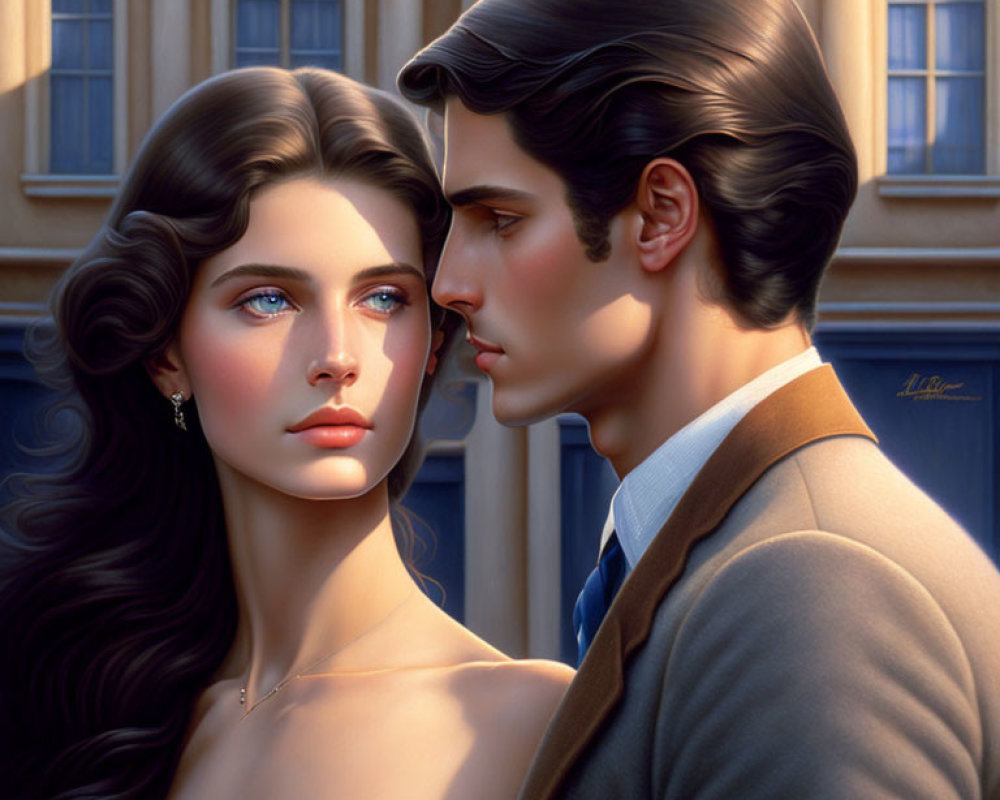 Detailed digital painting of man and woman in vintage attire against building backdrop