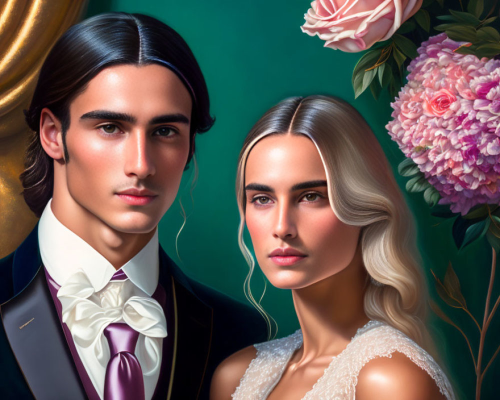 Digital painting of man and woman in formal attire amid lush flowers