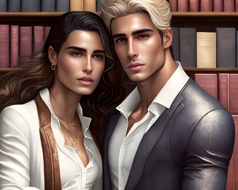 Stylish Man and Woman with Bookshelf Background in Smart Casual Attire