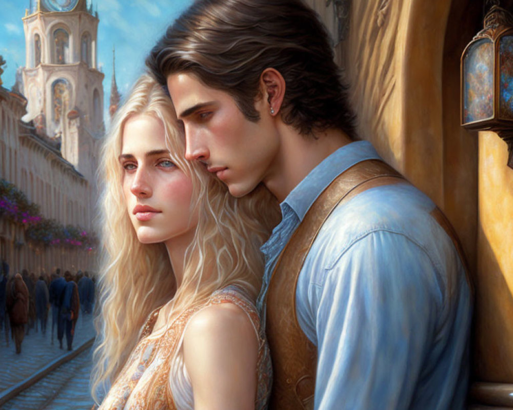 Young couple in romantic fantasy setting with historical architecture.