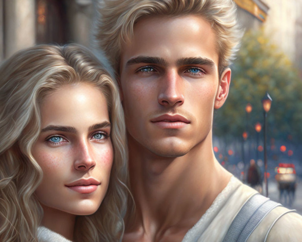 Young couple with blue eyes and blond hair in digital artwork