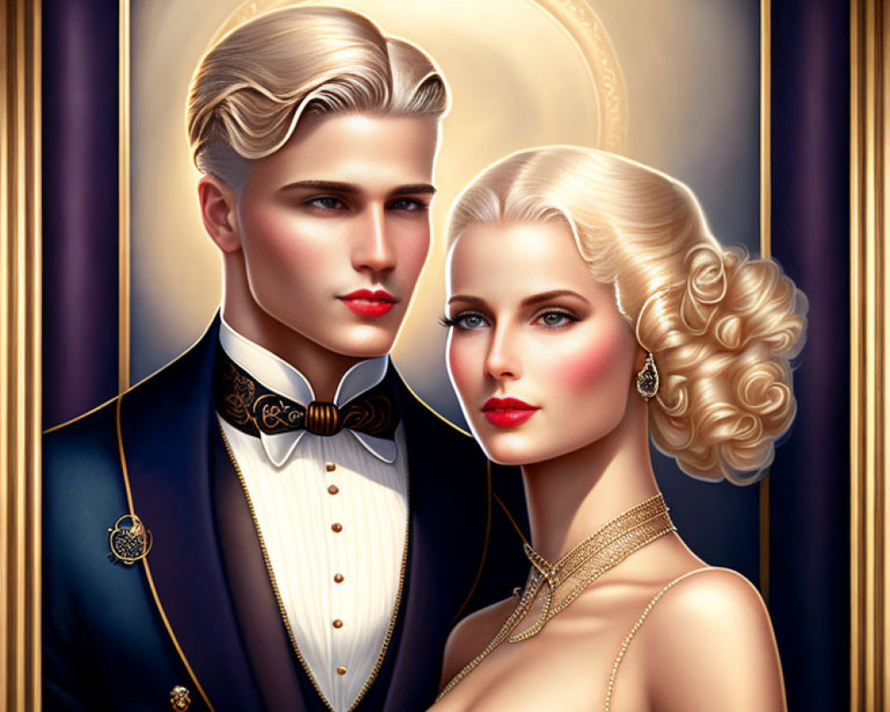 Vintage Formal Attire Illustration of Elegant Couple with Medal and Pearl Necklace