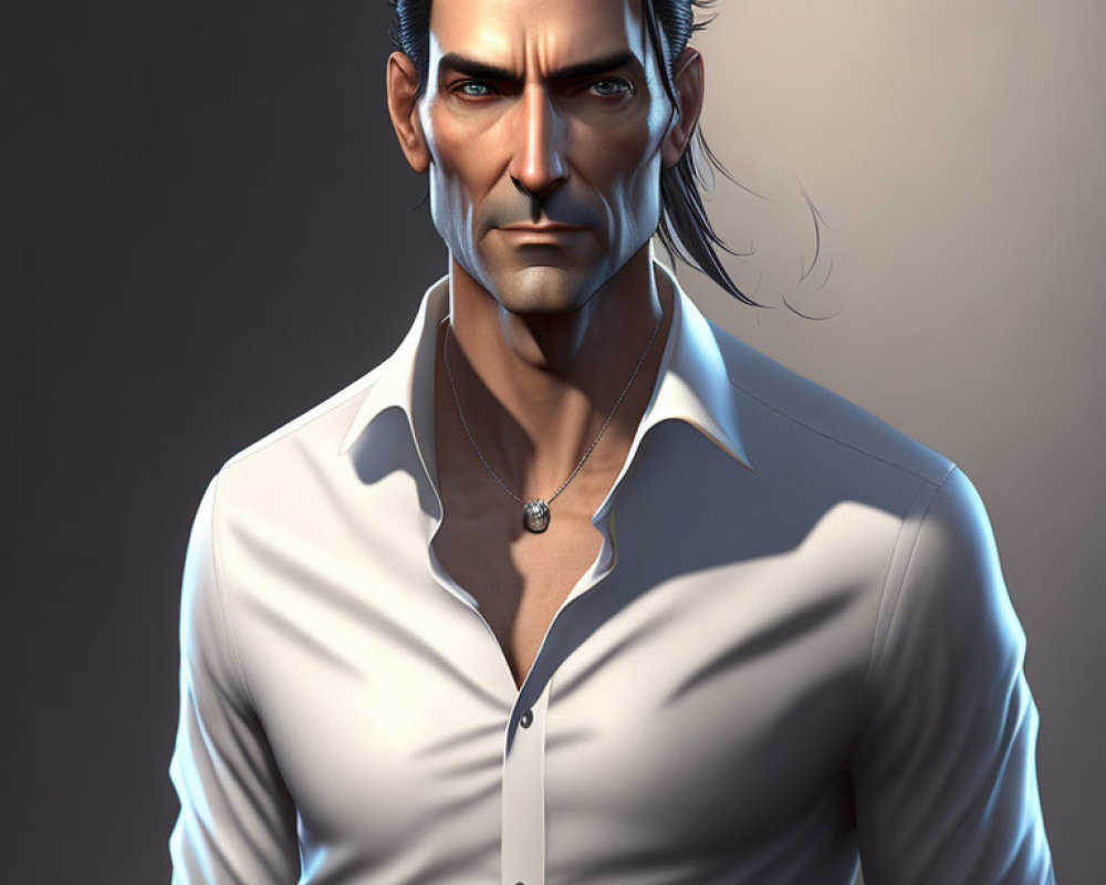 Male character with slicked-back hair, white shirt, and intense expression