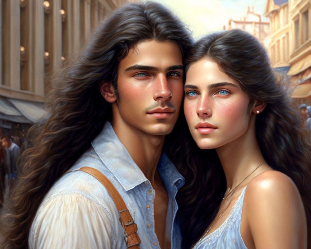 Young couple with blue eyes in historical clothing on busy street