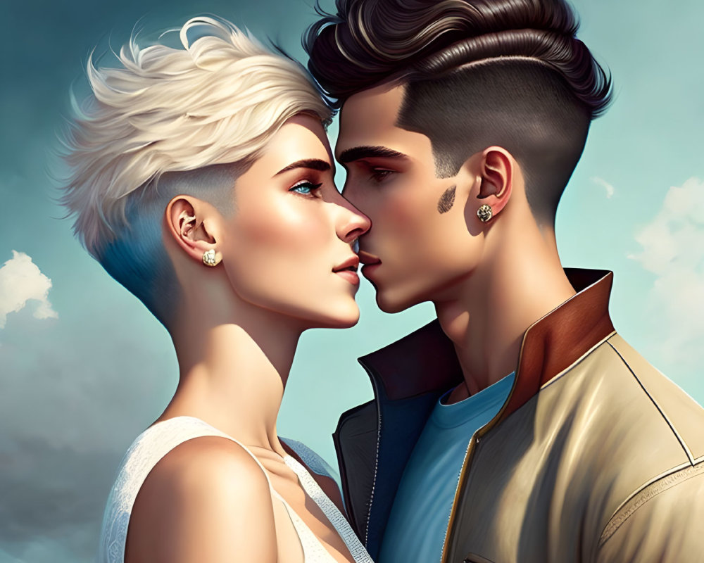 Digital illustration: Man and woman kissing in stylish attire under cloudy sky