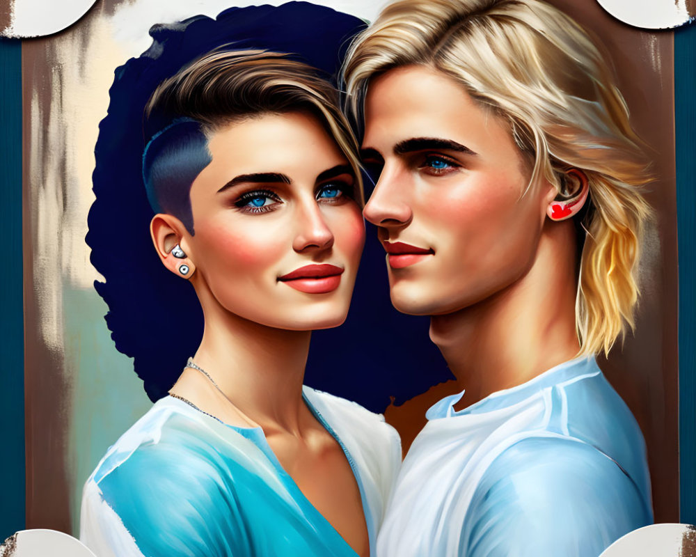 Stylized couple with contrasting hair colors in framed portrait