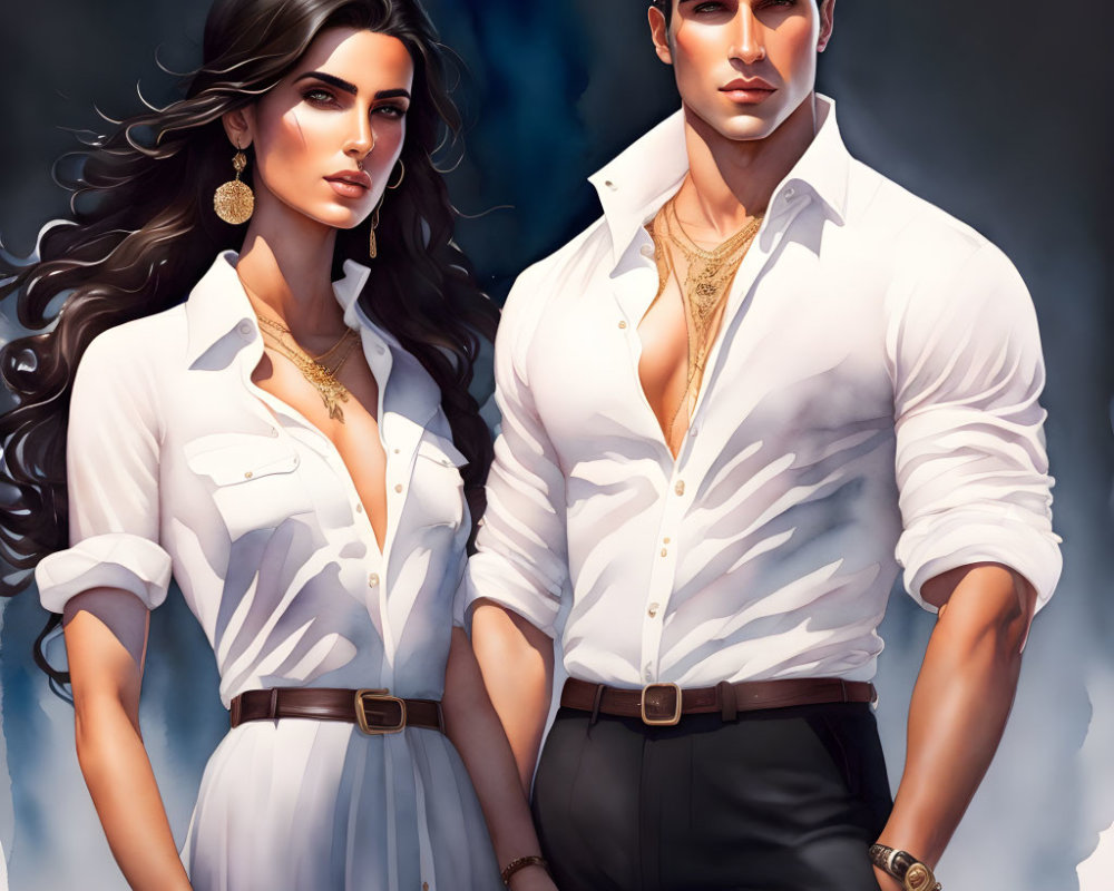 Stylish man and woman in white shirts with confident expressions