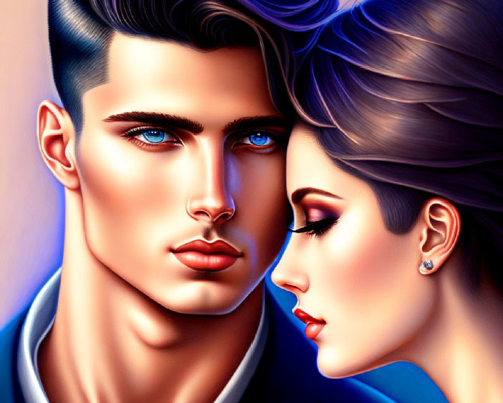 Vibrant digital artwork of stylized man and woman in close profile