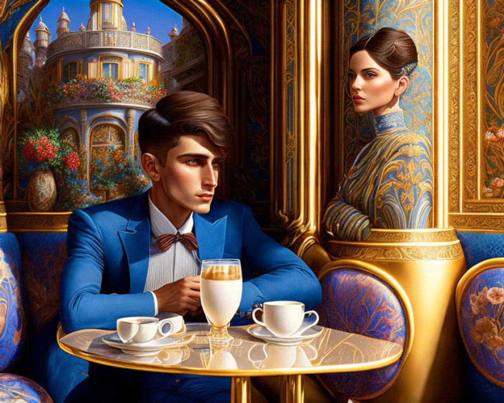 Elegant man and woman in formal attire at ornate café table with opulent gold and blue décor