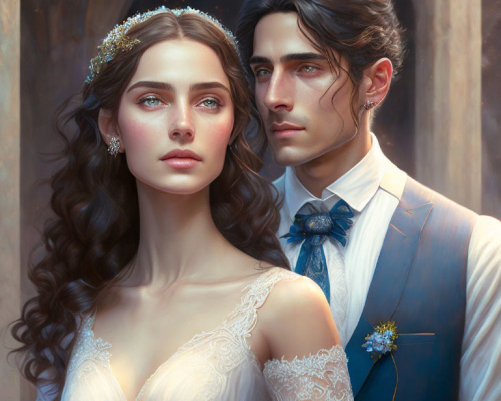 Ethereal bride and groom in elegant wedding attire