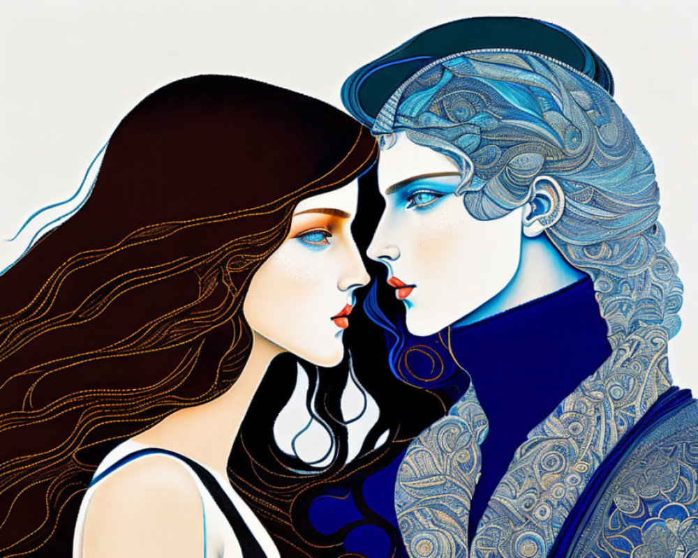 Stylized female figures in black and blue with intricate patterns face each other