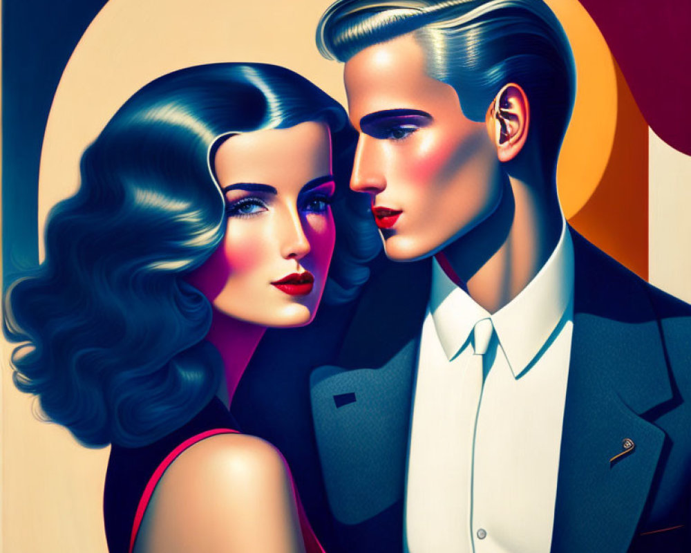 Illustration of glamorous couple with voluminous hair, red lips, and vintage style