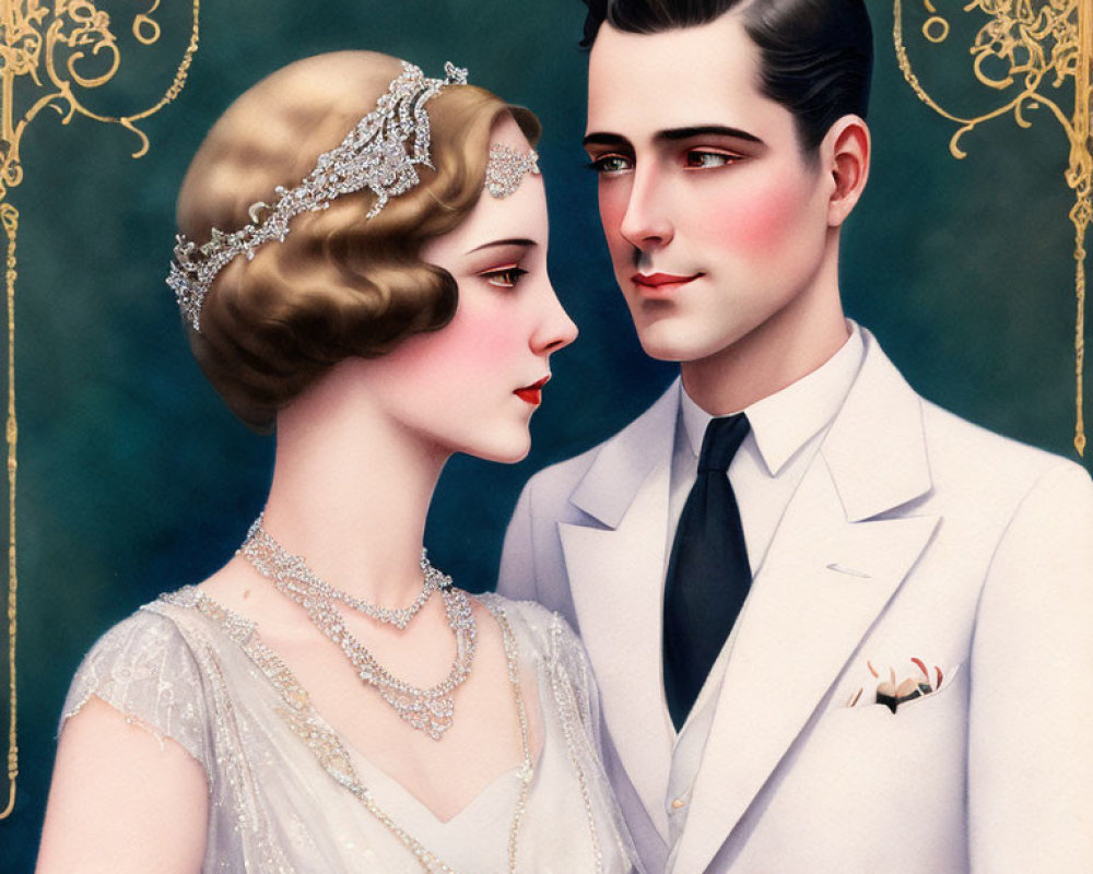 Illustrated vintage couple in beaded dress and white suit with pocket square