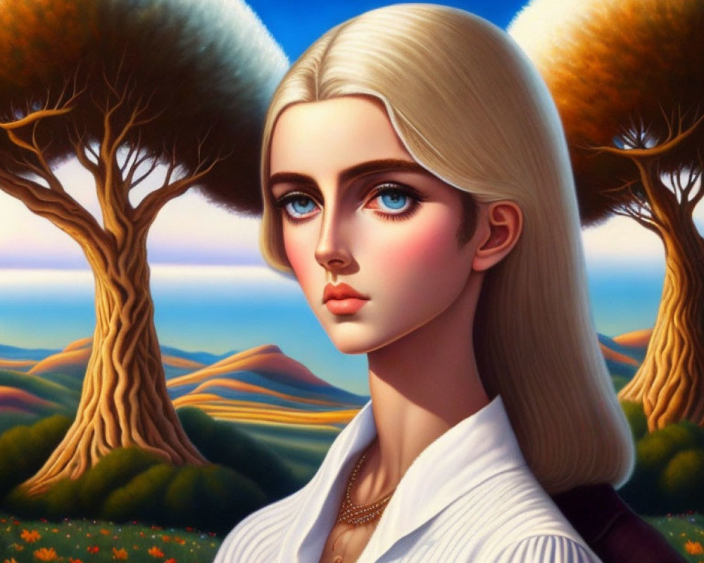 Digital Artwork: Woman with Blue Eyes and Blonde Hair in Surreal Landscape