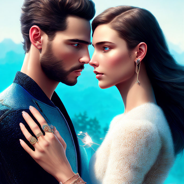 Detailed digital artwork of man and woman in close profile with mystical background.