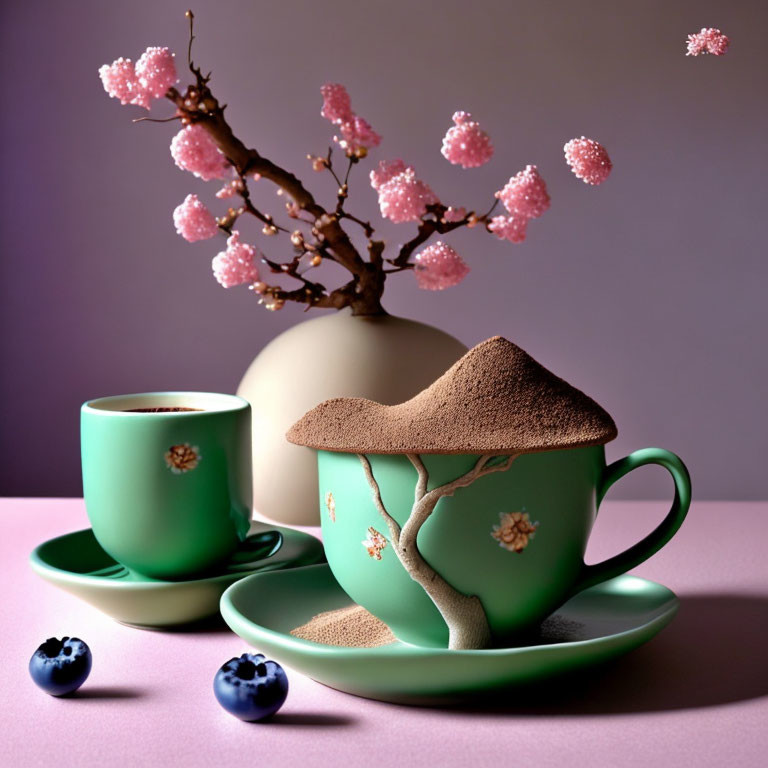 Green cup and saucer with cocoa powder and blueberries, alongside cherry blossom branches