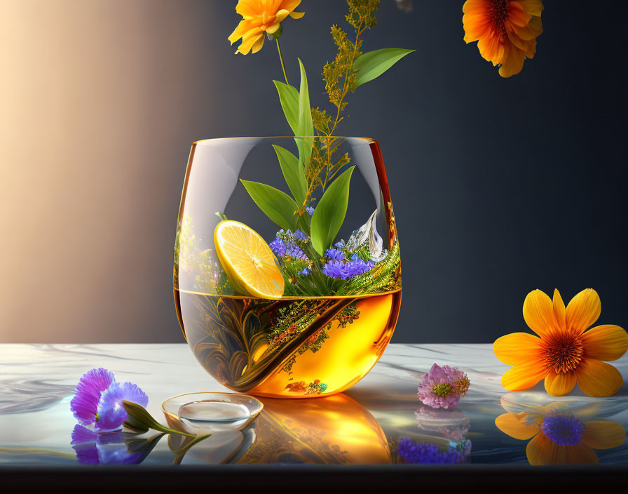 Colorful Citrus, Herb, and Flower Infusion in Glass with Blossoms on Glossy Surface