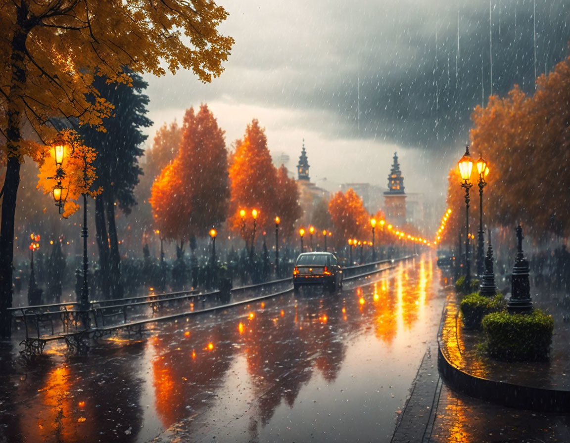 Rain-soaked street at dusk with glowing street lamps, autumn leaves, and solitary car.