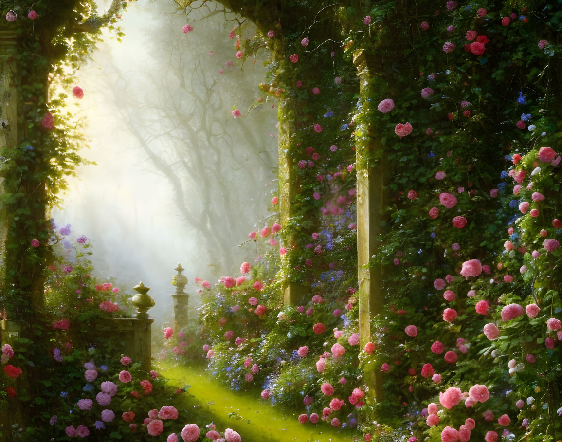 Mystical garden path with sunbeams, pink and red roses in lush greenery