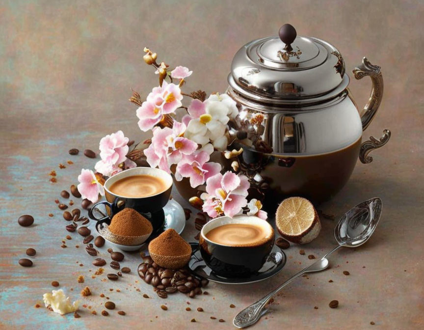 Elegant coffee setup with silver pot, cappuccino cups, beans, flowers, and spoon