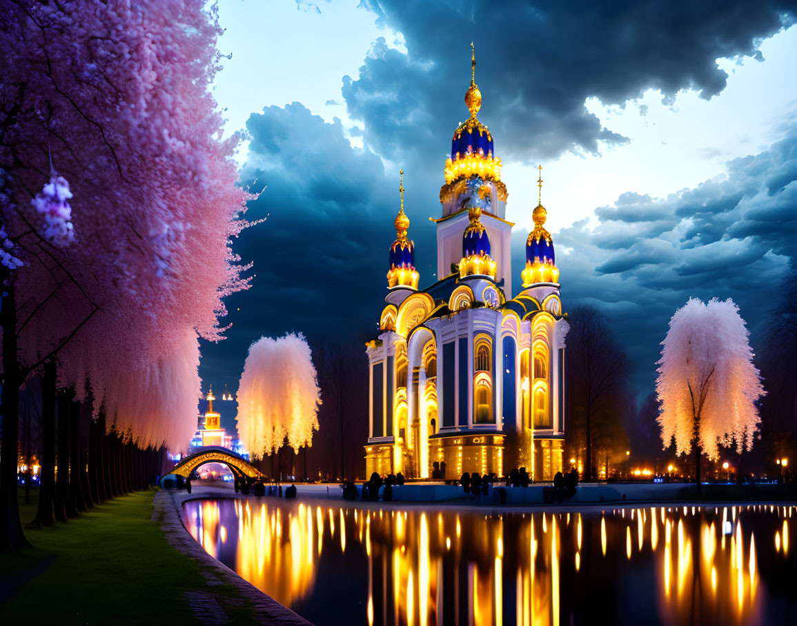 Orthodox cathedral with golden domes reflected in water at night.