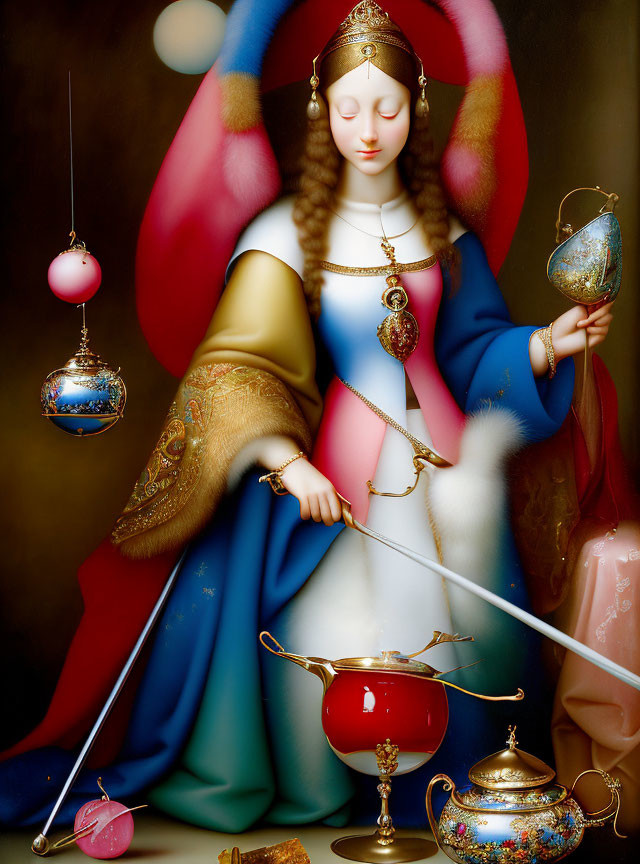 Surreal painting of woman with halo, sword, and balance scale