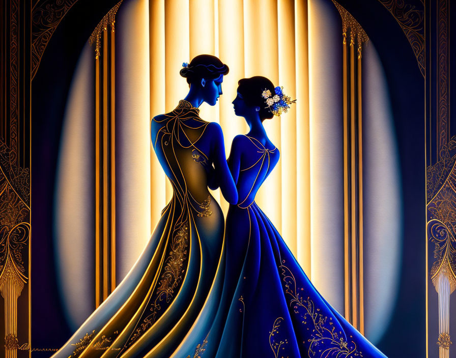 Elegant silhouetted figures in gowns against golden curtains