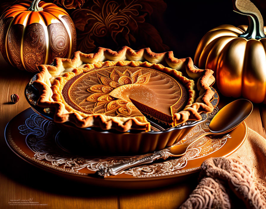 Cozy pumpkin pie setting with silver spoon and decorative pumpkins