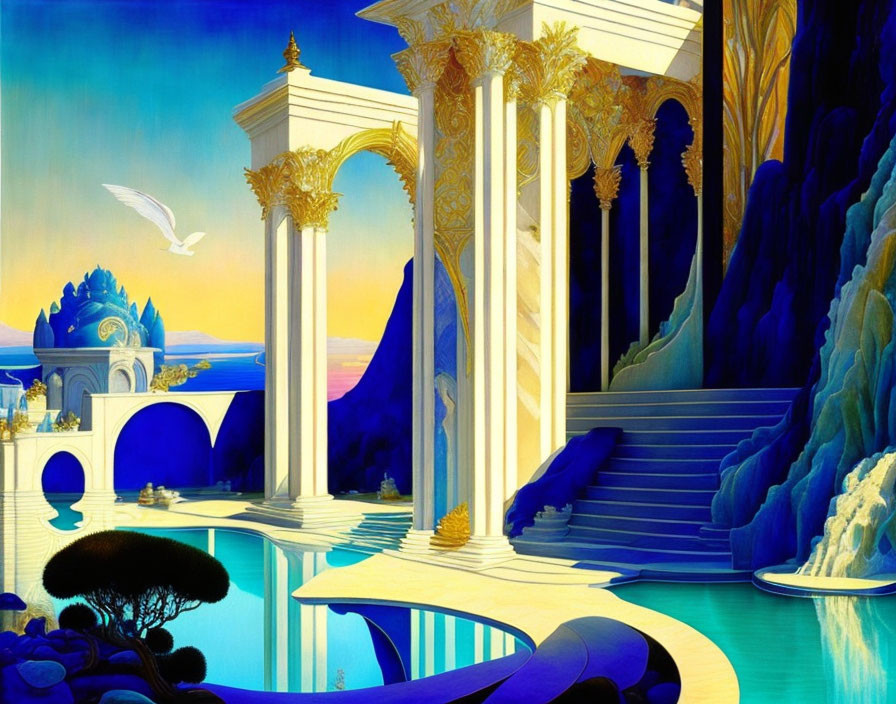 Surreal landscape with golden pillars, blue water, palace, bird, cliffs under twilight sky