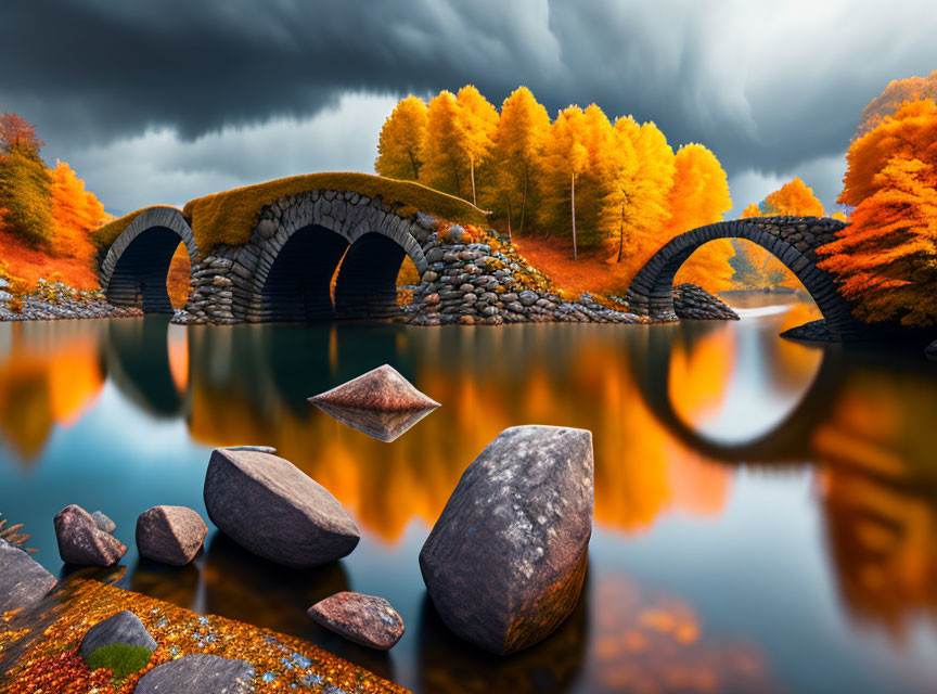 Stone bridge with arches over tranquil river surrounded by autumn trees and rocks.