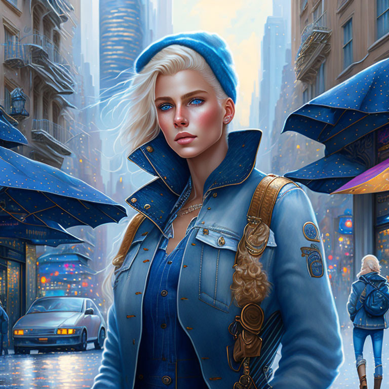 Blonde woman in beret and denim jacket in futuristic cityscape