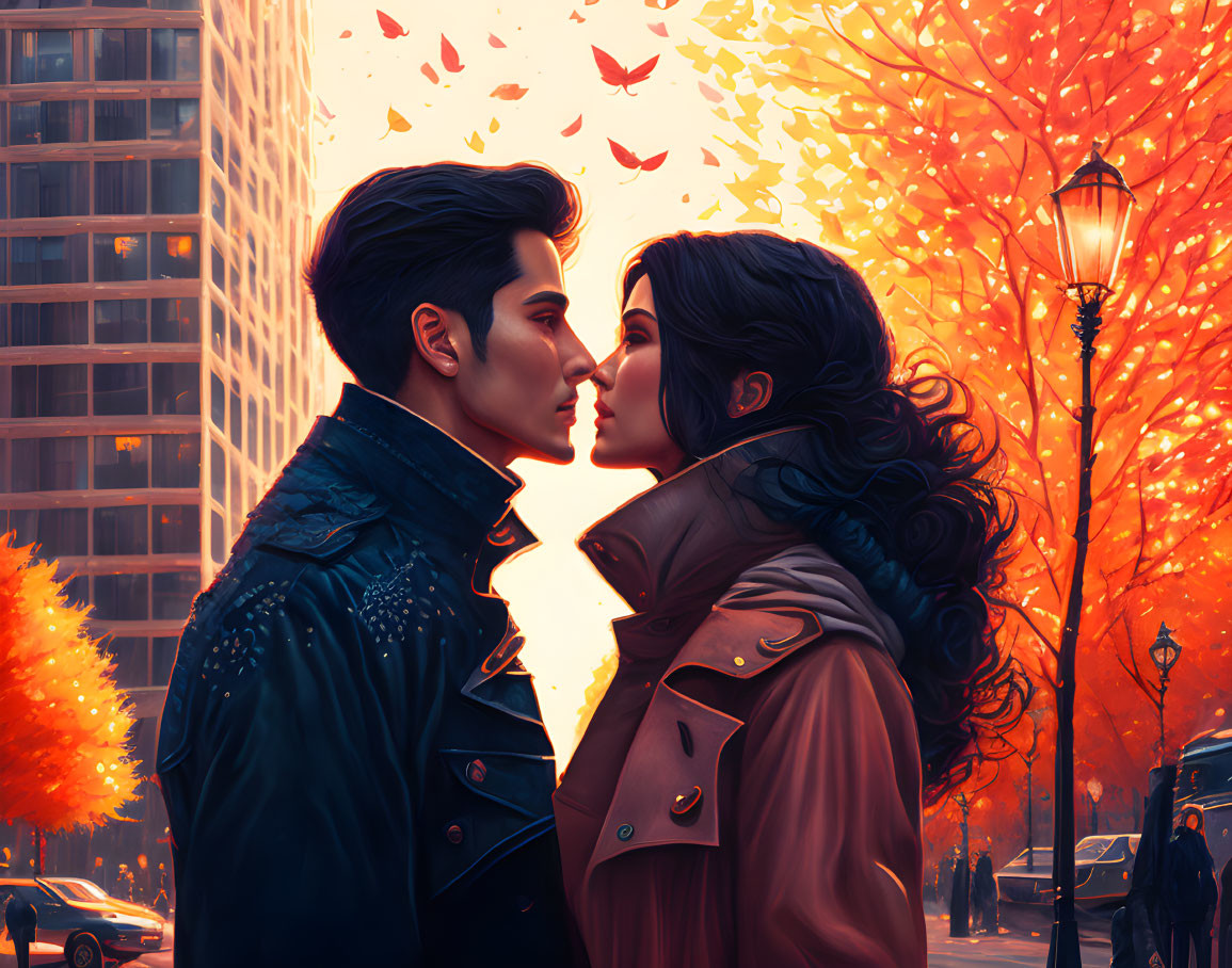 Couple kissing in fall scenery with orange leaves and street lamp