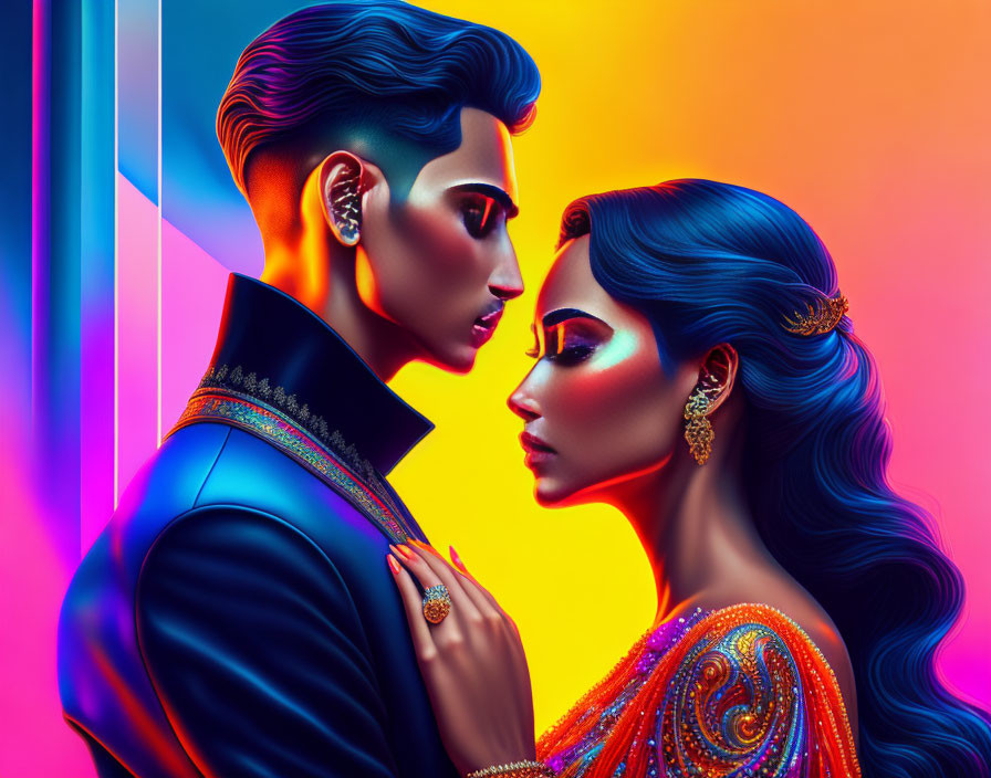 Stylized man and woman in profile with blue and orange hues and intricate clothing details