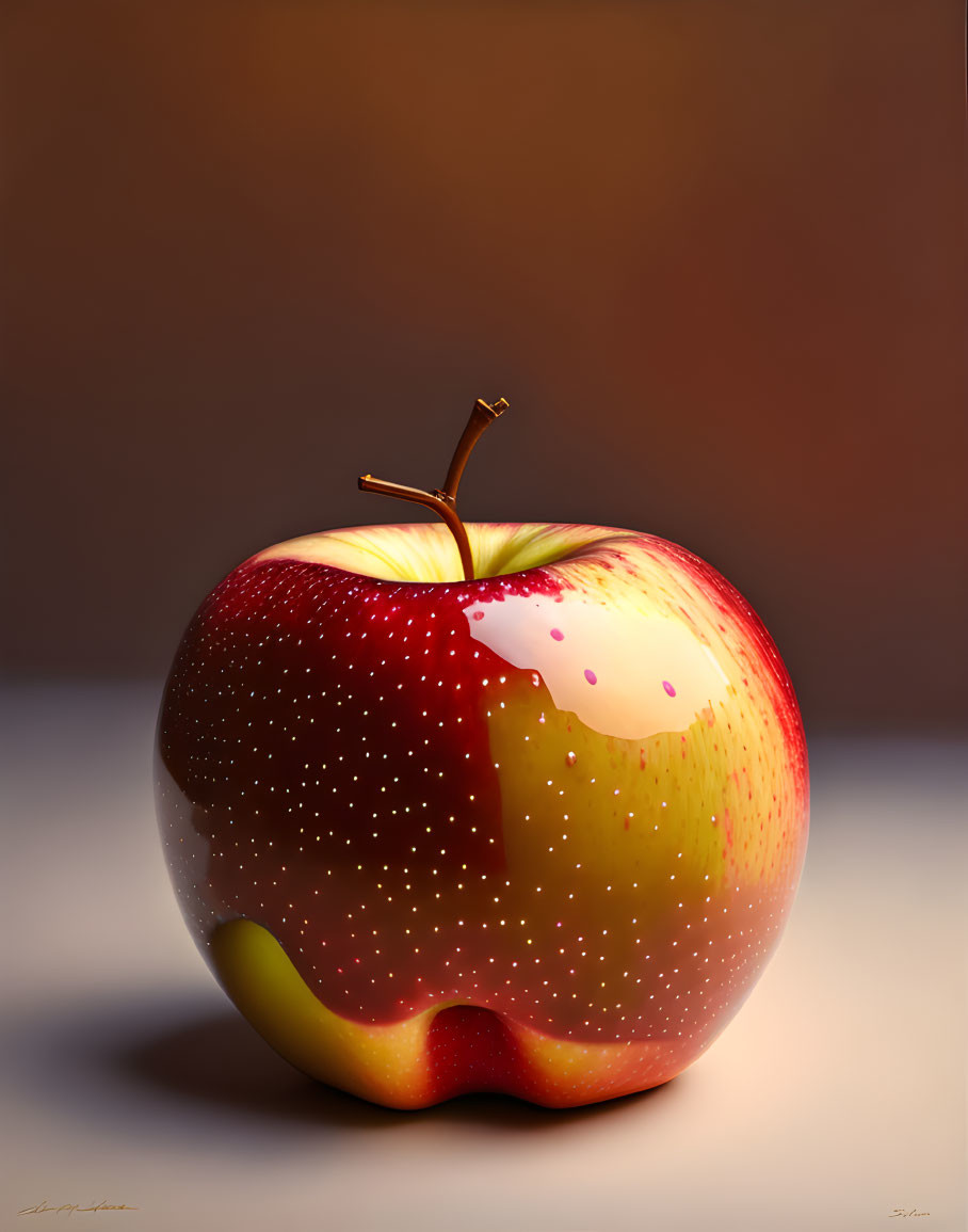 Detailed hyper-realistic red apple illustration with glossy surface and white speckles on gradient background