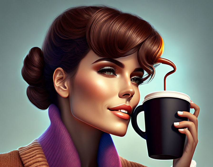 Stylized digital portrait of woman with retro hairstyle and coffee cup on teal background