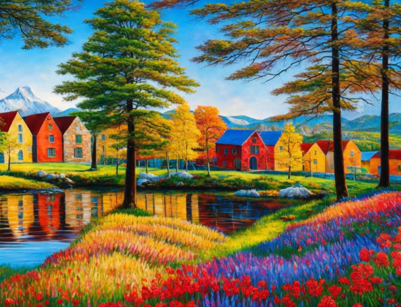 Scenic village painting with colorful trees and lake reflections