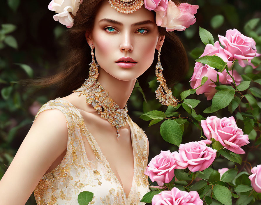 Woman with Green Eyes in Floral Headpiece Surrounded by Pink Roses