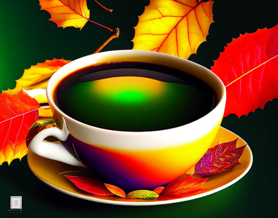 Colorful Autumn Leaves Surround Vibrant Green Tea Cup