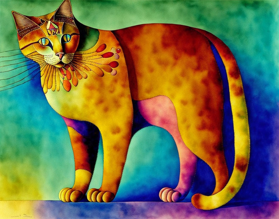 Vibrant cat painting with striking eyes on blue-green backdrop