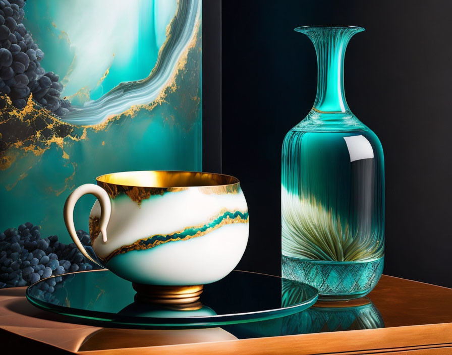 Luxurious gold-trimmed cup and blue teardrop pattern beside elegant turquoise glass vase on shiny